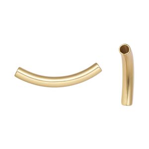 Bead, gold-plated brass with satin finish, 26x3mm curved tube. Sold per pkg of 100.