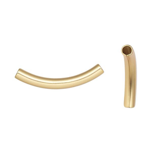 Bead, gold-plated brass with satin finish, 26x3mm curved tube. Sold per pkg of 100. image number 0