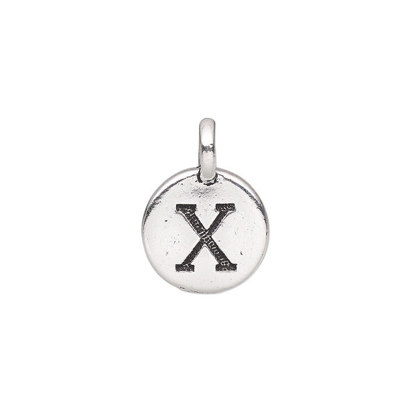 Drop, TierraCast®, antique silver-plated pewter (tin-based alloy), 11.5mm single-sided round with textured alphabet letter "X." Sold per pkg of 2. image number 0