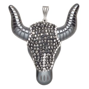Hemalyke™ / brass / glass rhinestone 1pkg1, silver-finished 1-sided steer pendant 46x40mm