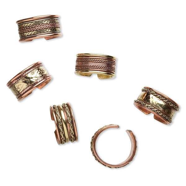 Ring mix, copper and brass, 9-11mm wide, adjustable. Sold per pkg of 6. image number 0