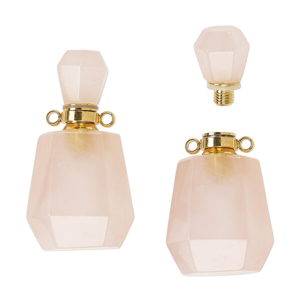 Component, rose quartz (natural) and gold-finished brass, 37x20mm hand-cut perfume bottle with 2 loops, Mohs hardness 7. Sold individually. image number 0