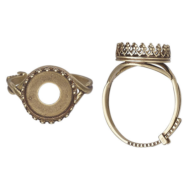 Ring, JBB Findings, antiqued brass, 13.5mm wide with decorative trim and 12mm round bezel setting, adjustable from size 8-11. Sold individually. image number 0