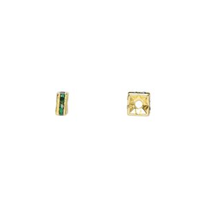Bead, glass rhinestone and gold-finished brass, emerald green, 4x2mm squaredelle. Sold per pkg of 10.