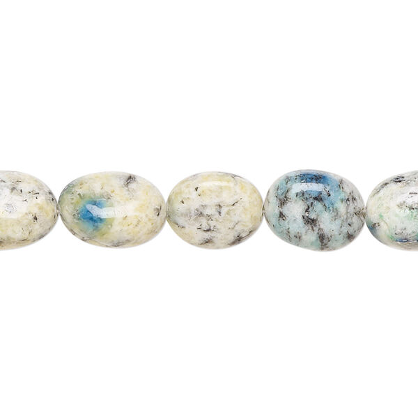Bead, K2 "jasper" (granite and azurite) (natural), 10x8mm-13x9mm hand-cut puffed oval with 0.4-1.4mm hole, C+ grade, Mohs hardness 3-1/2 to 7. Sold per 8-inch strand, approximately 15 beads. image number 0