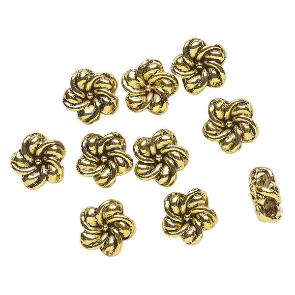 Slide, 2-strand, antique gold-finished "pewter" (zinc-based alloy), 11.5mm double-sided flower with 2.5mm hole. Sold per pkg of 10. image number 0
