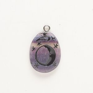 Drop, silver-finished steel and purple fluorite (natural), 33x25mm freeform teardrop with moon / stars / comet. Sold individually.