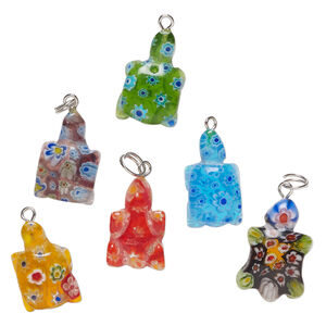 Drop mix, millefiori glass and silver-finished steel 1pkg6, translucent  multicolored, 24x11mm-28x15mm turtle.