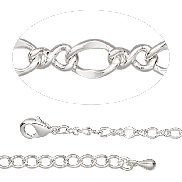 Chain, silver-plated steel and brass, 2.7mm figure 8, 18 inches with 2-inch extender chain and lobster claw clasp. Sold individually. image number 0