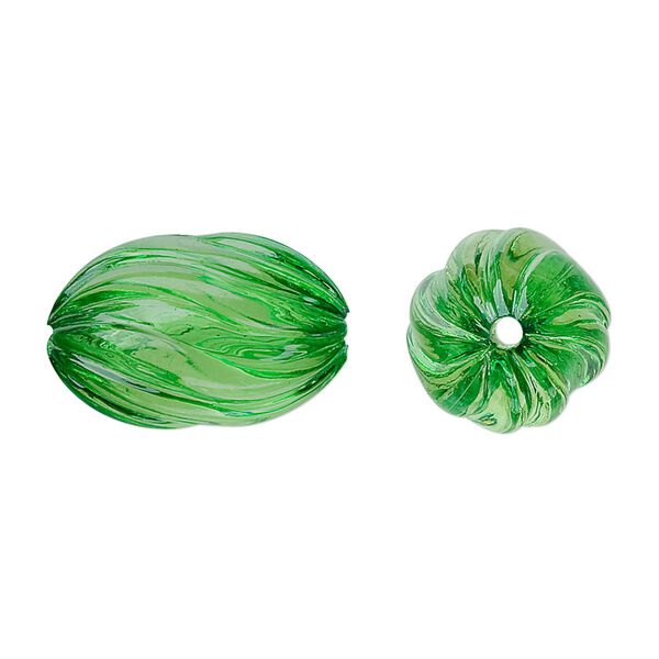 Bead, acrylic, green, 20x13mm fluted oval. Sold per 100-gram pkg, approximately 50 beads. image number 0