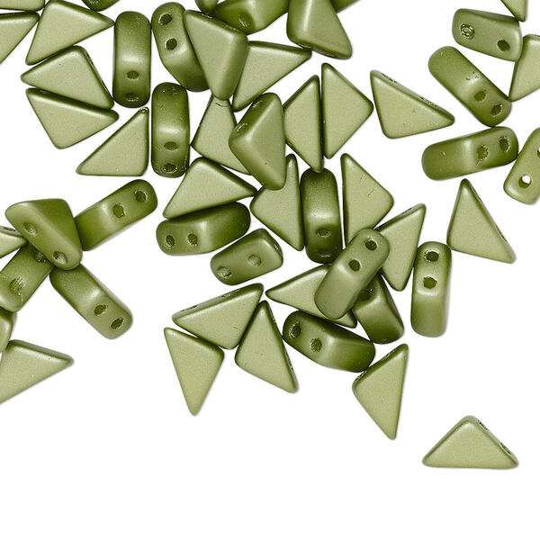 Bead, Tango™, Czech pressed glass, opaque alabaster pastel olivine, 8x6x6mm triangle with (2) 0.7-0.8mm holes. Sold per 10-gram pkg, approximately 65 beads. image number 0