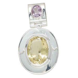 Pendant, lemon quartz (natural/heated)/amethyst (natural/heated)/sterling silver, 50x28mm oval. Sold individually.
