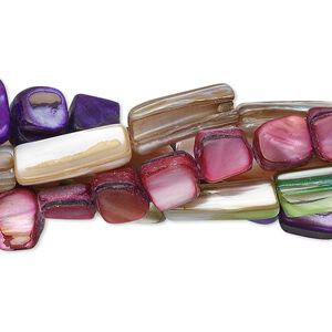 Bead mix, mother-of-pearl shell (natural / dyed), mixed colors, 5-15mm stick, Mohs hardness 3-1/2. Sold per five 15" to 16" strands.