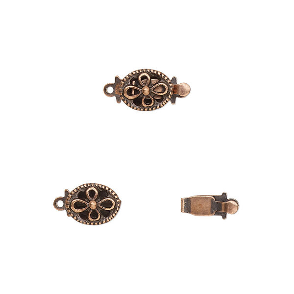 Clasp, tab, antique copper-plated brass, 8x6mm oval flower. Sold per pkg of 10. image number 0