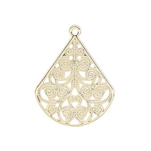 Drop, gold-plated steel, 26x23mm filigree teardrop. Sold per pkg of 10.