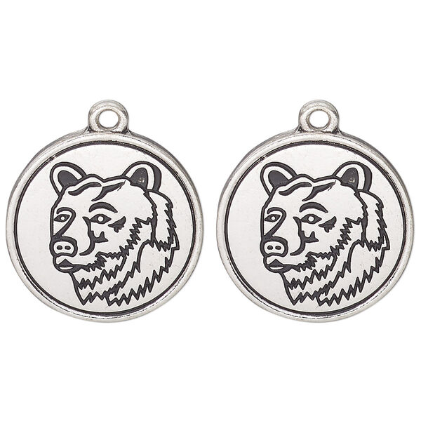 Drop, antique silver-finished "pewter" (zinc alloy) and enamel, black, 21mm round with bear head design. Sold per pkg of 2. image number 0