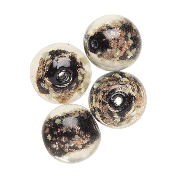 Bead, lampworked glass, black and glow-in-the-dark with gold glitter, 14mm round. Sold per pkg of 4. image number 0