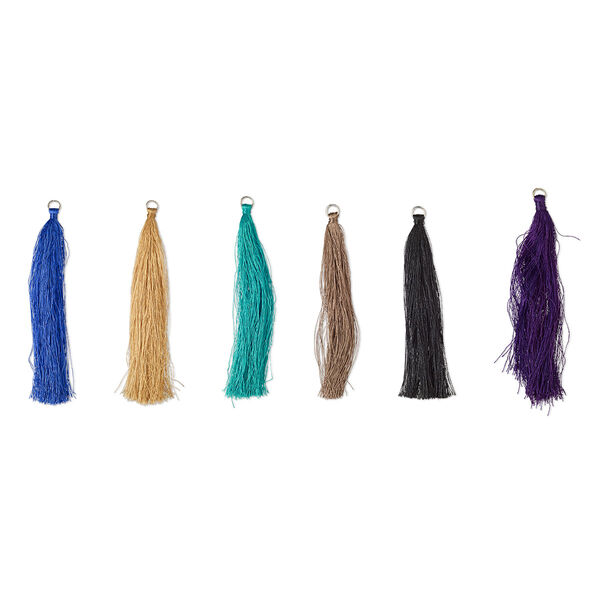 Tassel mix, silver-finished "pewter" (zinc-based alloy) and nylon, mixed colors, 4" tassels. Sold per pkg of 6. image number 0