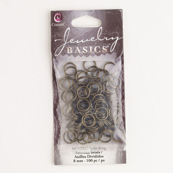 Split ring, steel, pkg/100, antique gold finish, 8mm round. image number 0
