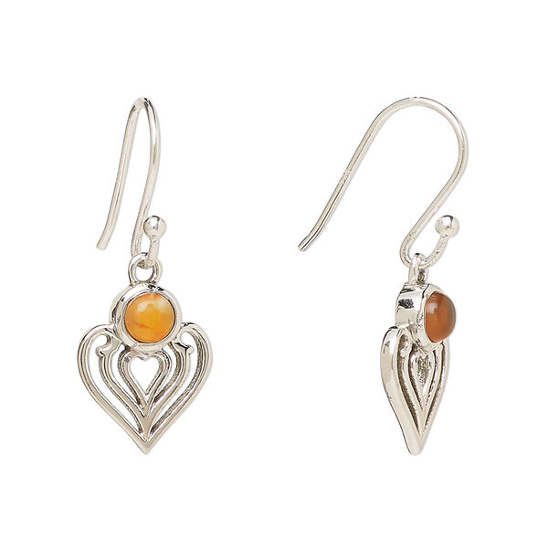 Ear wire, Create Compliments®, antiqued sterling silver and carnelian (dyed/heated), fishhook, 28.5mm with 15x9mm single-sided heart, 21 gauge. Sold per pair. image number 0