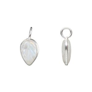 Drop, sterling silver and rainbow moonstone (natural), 14x9.5mm carved leaf to 6-1/2. Sold individually.