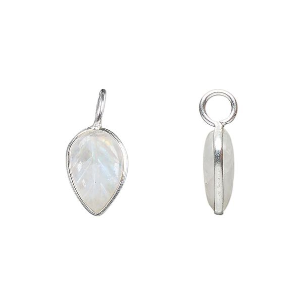 Drop, sterling silver and rainbow moonstone (natural), 14x9.5mm carved leaf to 6-1/2. Sold individually. image number 0