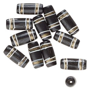 Bead, bone (dyed), black / white / gold, 18.5mmx8-19.5x9mm hand-painted tube with line design. Sold per pkg of 12.