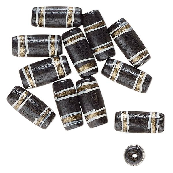 Bead, bone (dyed), black / white / gold, 18.5mmx8-19.5x9mm hand-painted tube with line design. Sold per pkg of 12. image number 0