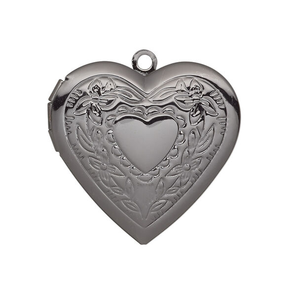 Charm, gunmetal-plated brass, 29x27mm single-sided heart locket with stamped heart and flower design. Sold per pkg of 2. image number 0