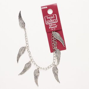 Chain, antique silver-finished steel, 2.1mm curb with (7) 30x9mm wing charms. Sold per pkg of 7 inches.
