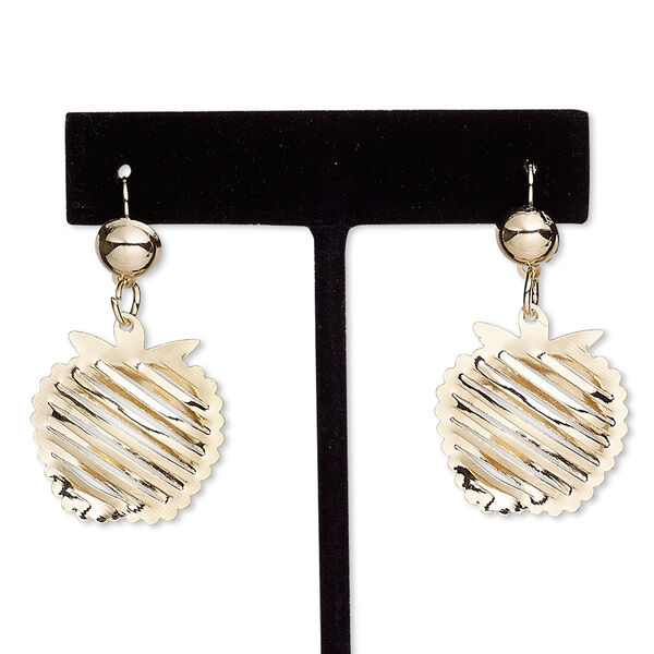 Earring, gold-finished steel, 1-1/2 inches with apple and fishhook ear wire with safety. Sold per pair. image number 0