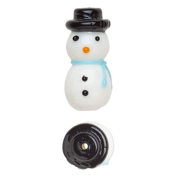 Bead, lampworked glass, opaque white and multicolored, 26x12mm snowman. Sold individually. image number 0