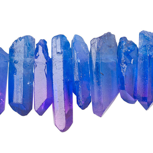 Bead, quartz crystal (coated), blue and purple, 15x4mm-34x12mm hand-cut top-drilled point, B grade, Mohs hardness 7. Sold per 4-inch strand, approximately 10-15 beads. image number 0