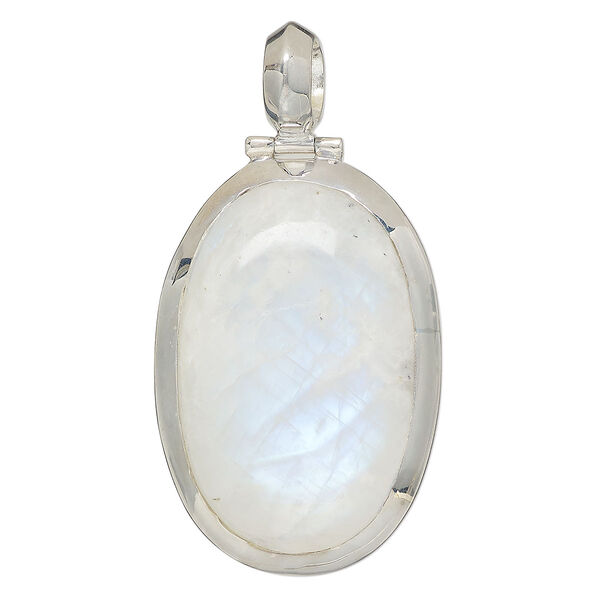Pendant, rainbow moonstone (natural) and sterling silver, 53x39mm-56x46mm oval. Sold individually. image number 0