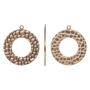 Drop, antique copper-plated steel, 25mm textured open round. Sold per pkg of 10.