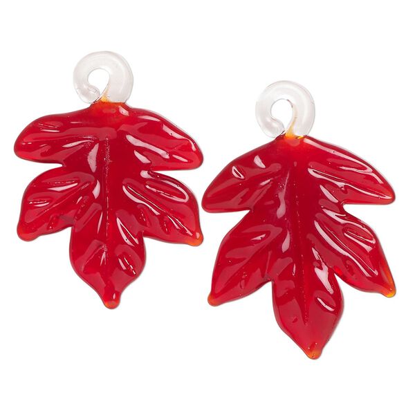 Drop, lampworked glass, translucent red, 25x24mm handmade single-sided maple leaf. Sold per pkg of 2. image number 0