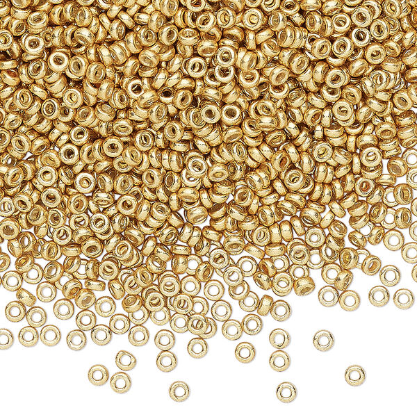 Seed bead, Miyuki, glass, pkg/10g, 2.2x1mm spacer rondelle, opaque gold finish, (SPR2.2-4202). image number 0