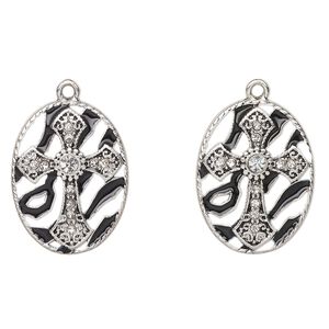 Drop, antique silver-finished enamel "pewter" (zinc-based alloy) and glass, clear / white / black, 26x20mm oval with cross and beaded edge. Sold per pkg of 2.
