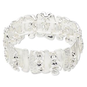 Bracelet, stretch, silver-finished "pewter" (zinc-based alloy), 22mm wide with rectangle and flower design, 6 inches. Sold individually.