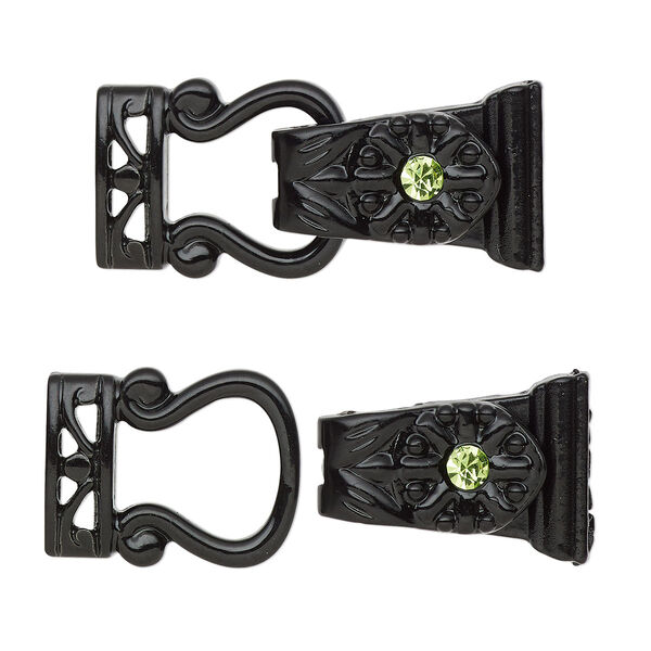 Clasp, magnetic, black-finished "pewter" (zinc-based alloy) and glass, green, 29x13mm 2-strand fold-over. Sold per pkg of 2. image number 0
