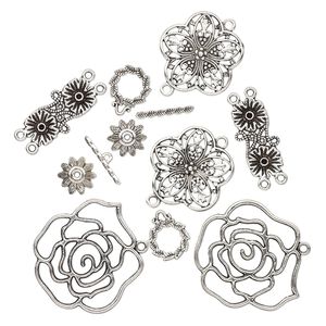 Component, antique silver-plated "pewter" (zinc-based alloy), 14x7mm-42x39mm assorted flower. Sold per pkg of 10.