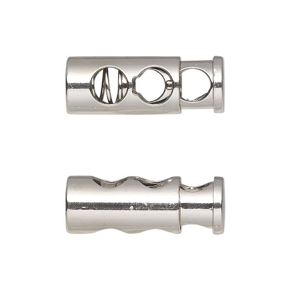 Cord lock, imitation rhodium-plated plated "pewter" (zinc-based alloy) and steel, 24x9mm round tube with (2) holes. Sold per pkg of 6. image number 0
