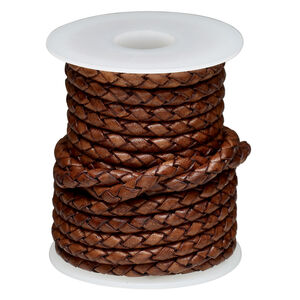 Cord, leather (dyed) 1pkg5yd, antique walnut brown, 4mm braided round, per spool.
