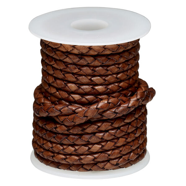Cord, leather (dyed) 1pkg5yd, antique walnut brown, 4mm braided round, per spool. image number 0
