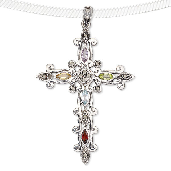 Pendant, marcasite / multi-gemstone (natural / irradiated / heated) / sterling silver, multicolored, 55x39mm cross. Sold individually. image number 0