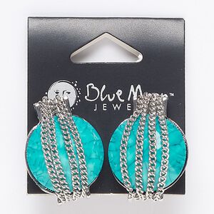 Earstud, acrylic / silver-finished "pewter" (zinc-based alloy) / steel, blue, 31x22mm with comfort clutch earnut. Sold per pair.