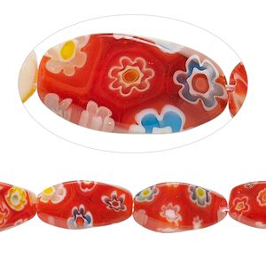 Bead, millefiori glass, translucent red and multicolored, 16x8mm 4-sided twisted oval. Sold per 15-inch strand, approximately 20 beads.