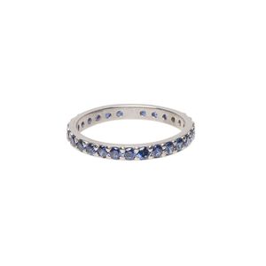 Ring, cubic zirconia and rhodium-plated sterling silver, blue, 3mm wide eternity band, size 7. Sold individually.