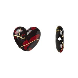 Bead, acrylic, black / red / gold, 13.5x14mm flat heart with speckled and stripe design. Sold per pkg of 150.