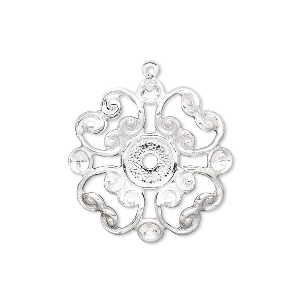Drop, silver-plated brass, 23mm fancy flower with 6mm round setting and (4) PP24 chaton settings. Sold per pkg of 10. image number 0
